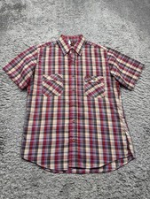 Vtg Wrangler Shirt Men Medium Red Plaid Western Sawtooth Cowboy Made In USA 80s