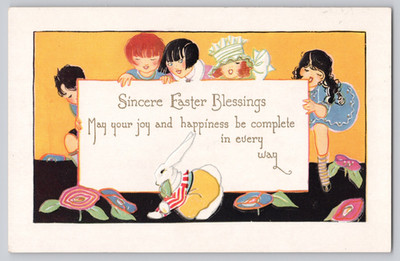 Easter Greetings Postcard Children Bunny Embossed Sincere Easter Blessings