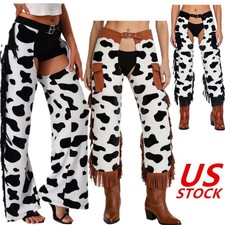 US Womens Western Cowboy Pants Tassel Chaps Cow-spot Pattern Halloween Costume
