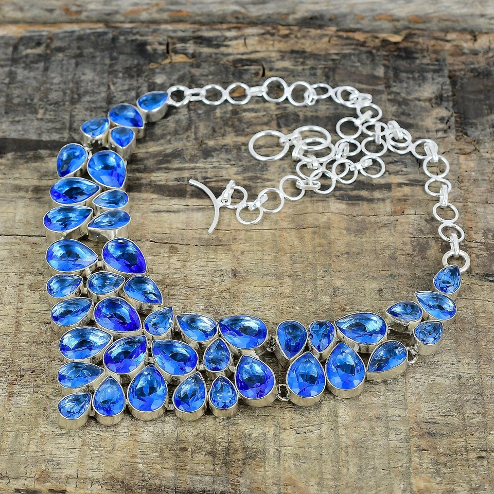 Collana In Topazio Blu In Argento Sterlingo 925 Gioiello Fatta A Mano Regalo - Immagine 4 di 4