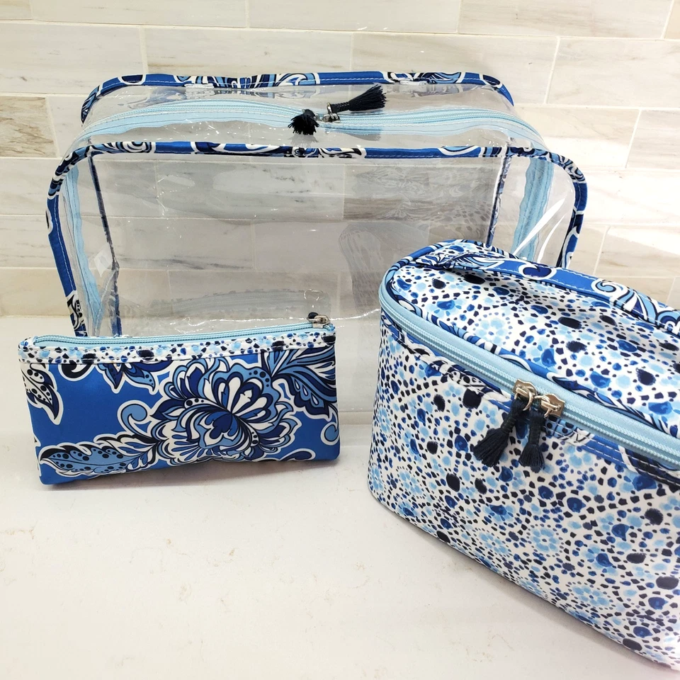 Set de 3 fundas de cosméticos a juego para bolsas de maquillaje Modella Designer azules y blancas XL Foto 2 de 4