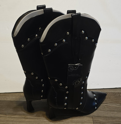 MADDEN NYC Women s Black Studded Western Knee High Pointed Toe Boots 8