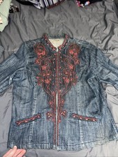 Chico's Coral Bead Accent Denim Button Up Front Jacket Size 2 / M