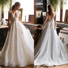 Boho A-Line Lace Wedding Dress Cap Sleeve V-Neck Country Bridal Gowns Sweep
