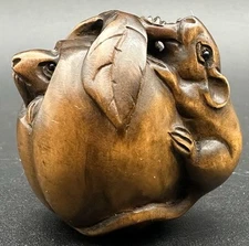 Vintage Japanese Netsuke Carved  Pumpkin Mouse Mice Rat Miniature Figurine