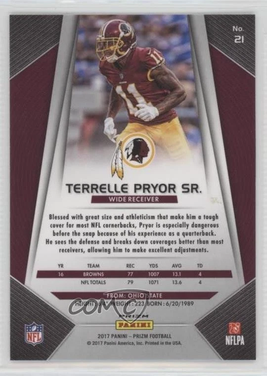 2017 Panini Prizm White Sparkle Prizm /20 Terrelle Pryor Sr #21 - Image 2 of 2