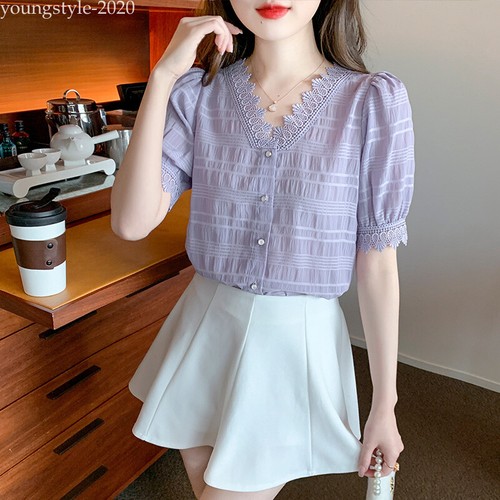 Korean Women Chiffon Summer Casual Career Business Workwear Blouse Tops T-shirts - Picture 32 of 71