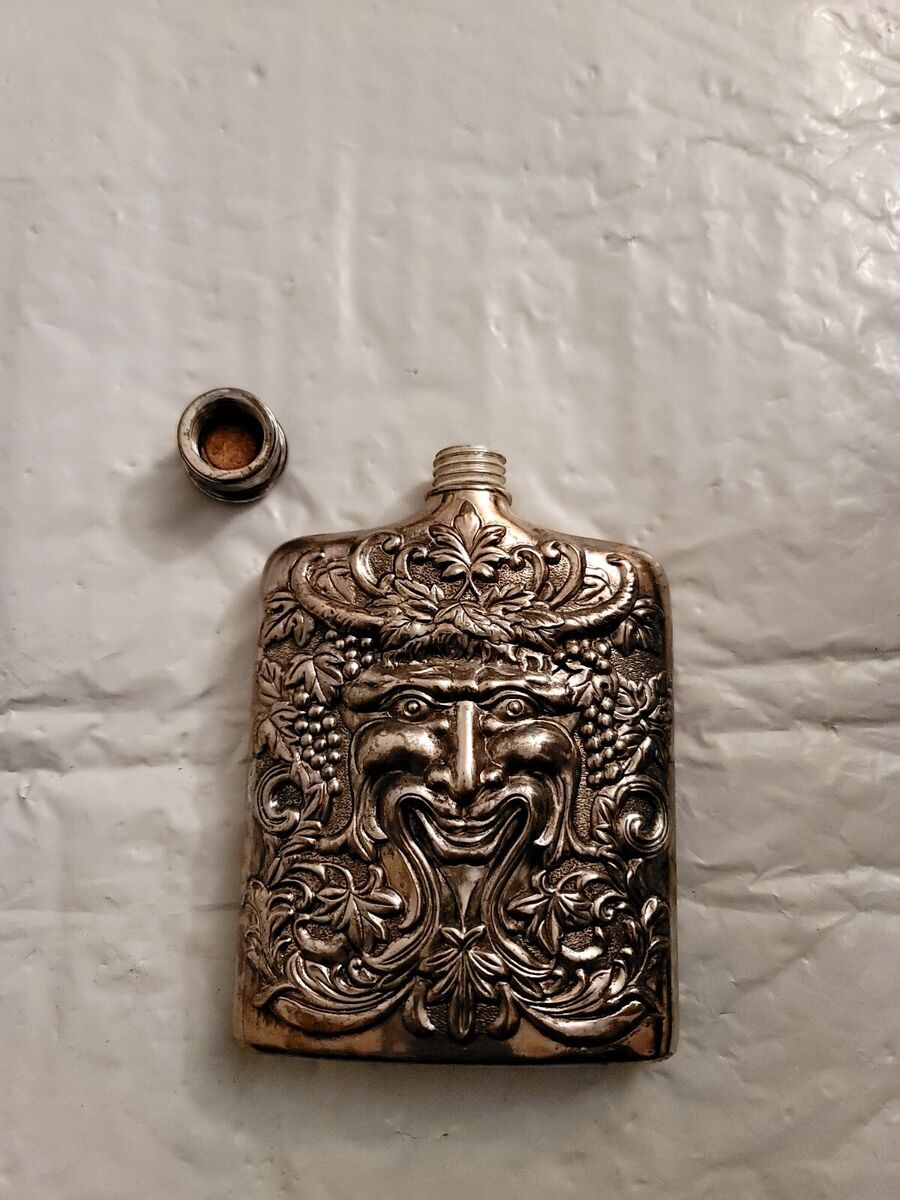 Godinger Silverplated Bacchus Ornate Metal Whiskey Flask Godinger Silverplated Bacchus Ornate Metal Whiskey Flask
