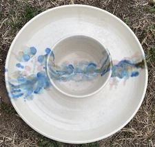 Stoneware Signed WILDER Ceramic Hand Thrown Chip and Dip Tray White Glaze 11”