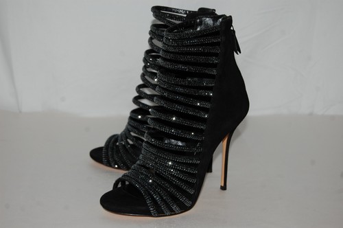 36/6❤️CASADEI Black Suede Leather High Heels Crystal Strappy SANDALS BOOTS ITALY - Picture 18 of 20