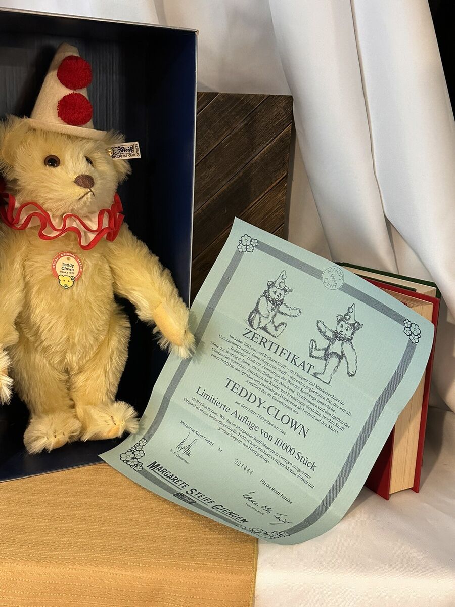 Steiff Teddy Clown Bear 1926 Replica Original Tags Box and Steiff Teddy Clown Bear 1926 Replica Original Tags Box and