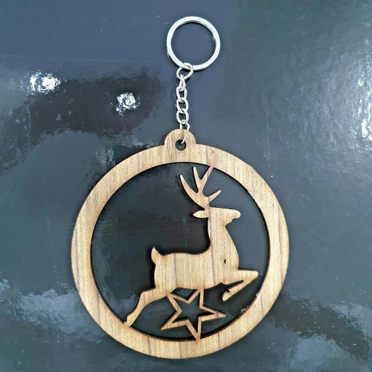 Handmade Reindeer Keychain Wooden Key Tag Souvenir Christmas Theme Present