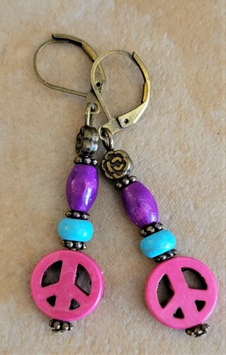 PEACE SIGN Raspberry Pink Blue Howlite Wood Earrings Bronze Lever Back Earwires - Picture 2 of 6