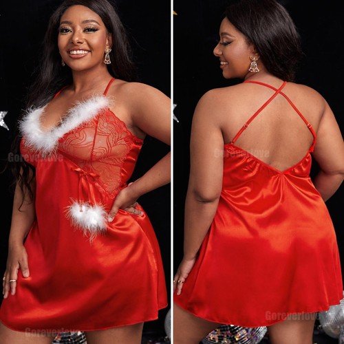 Santa Women Plus Size Lace Babydoll Lingerie Side Slit Strappy Chemise Sleepwear - 第 10/17 張圖片