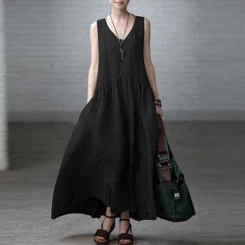 Maxi vestidos retro de playa de lino de algodón informales con cuello en V lisos para mujer - Imagen 17 de 28