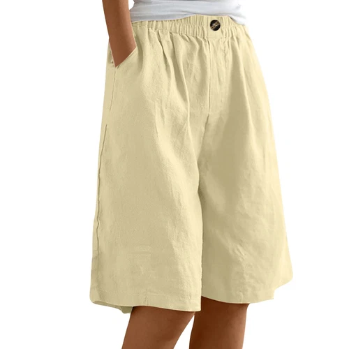 Womens Solid Color Pants Pocket Button Up Capris Loose Elastic Waist Shorts - Bild 50 von 63
