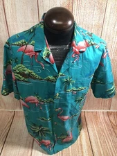 vintage paradise found hawaiian shirt flemingo wood buttons green & pink XL