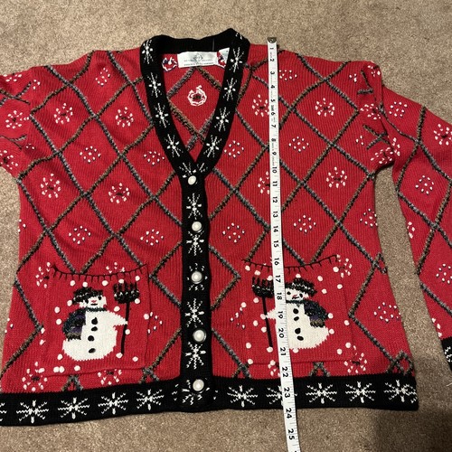 Vintage Design Options Medium Christmas Button Cardigan Sweater Red Snowman - Picture 7 of 9