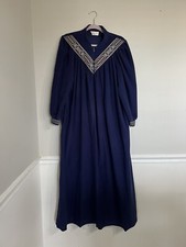 Vtg Vanity Fair Sz L Velour 1/2 Zip Robe Nightgown Navy Blue Embroidered Trim