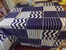 TABLECLOTH - NEW 53" SQ TABLECLOTH navy blue white STRIPES chevrons BLOCKS NIP