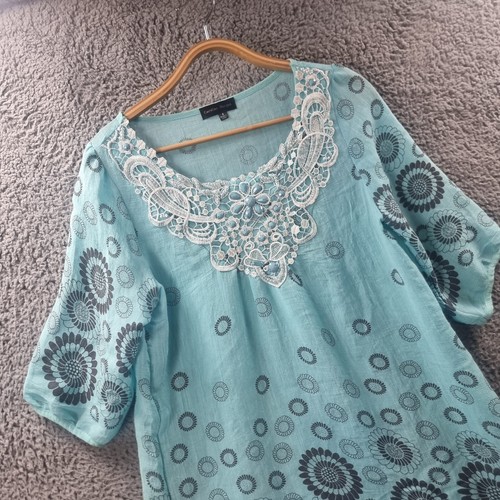 CAROLINE MORGAN Womens Tunic Top Size 8 Blue Grey White Lace Trim Short Sleeve - Picture 2 of 15