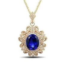 4.50Ct Oval Blue Tanzanite Diamond Pendant 18" Free Chain 14K Yellow Gold Finish