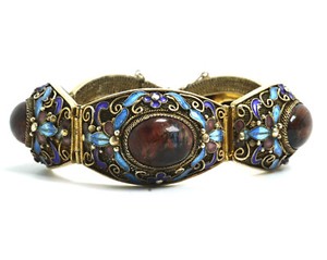 Chinese Export Silver Vermeil Filigree Floral Enamel & Fire Agate Panel Bracelet