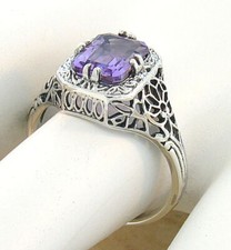 GENUINE 1.5 CT AMETHYST 925 STERLING SILVER DECO ANTIQUE FILIGREE RING 677X
