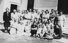 1950s Women Group Portrait Church Yard Dresses Children Smiling Gathering