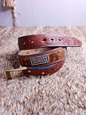 Nocona Western Tooled Leather, Metal Floral, Brass Buckle Belt Womens Size 38