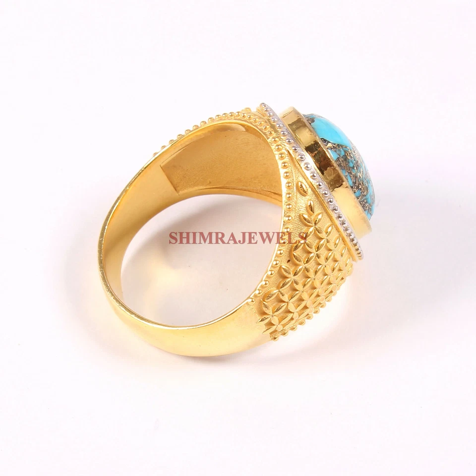 Lab Created Copper Turquoise With 18K Gold Plated Silver Ring For Men's #1585 - Image 4 of 4
