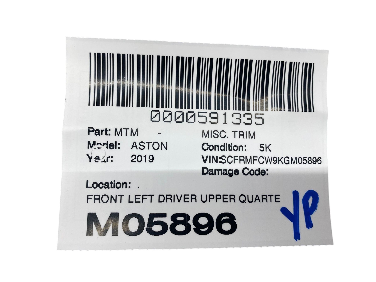 2017-2023 ASTON MARTIN DB11 FRONT LEFT UPPER QUARTER PANEL SEAT BELT GUIDE COVER