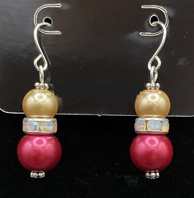 Handmade Champagne & Red Faux Pearl Rhinestone Rondelle Earrings by Neanie-Bot