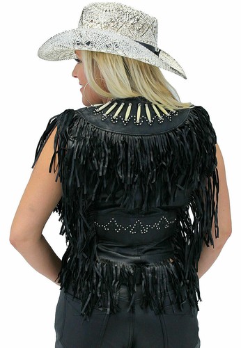 Women's Western American Genuine Bone Studded Fringe Leather Vest Black/Brown - Picture 3 of 17
