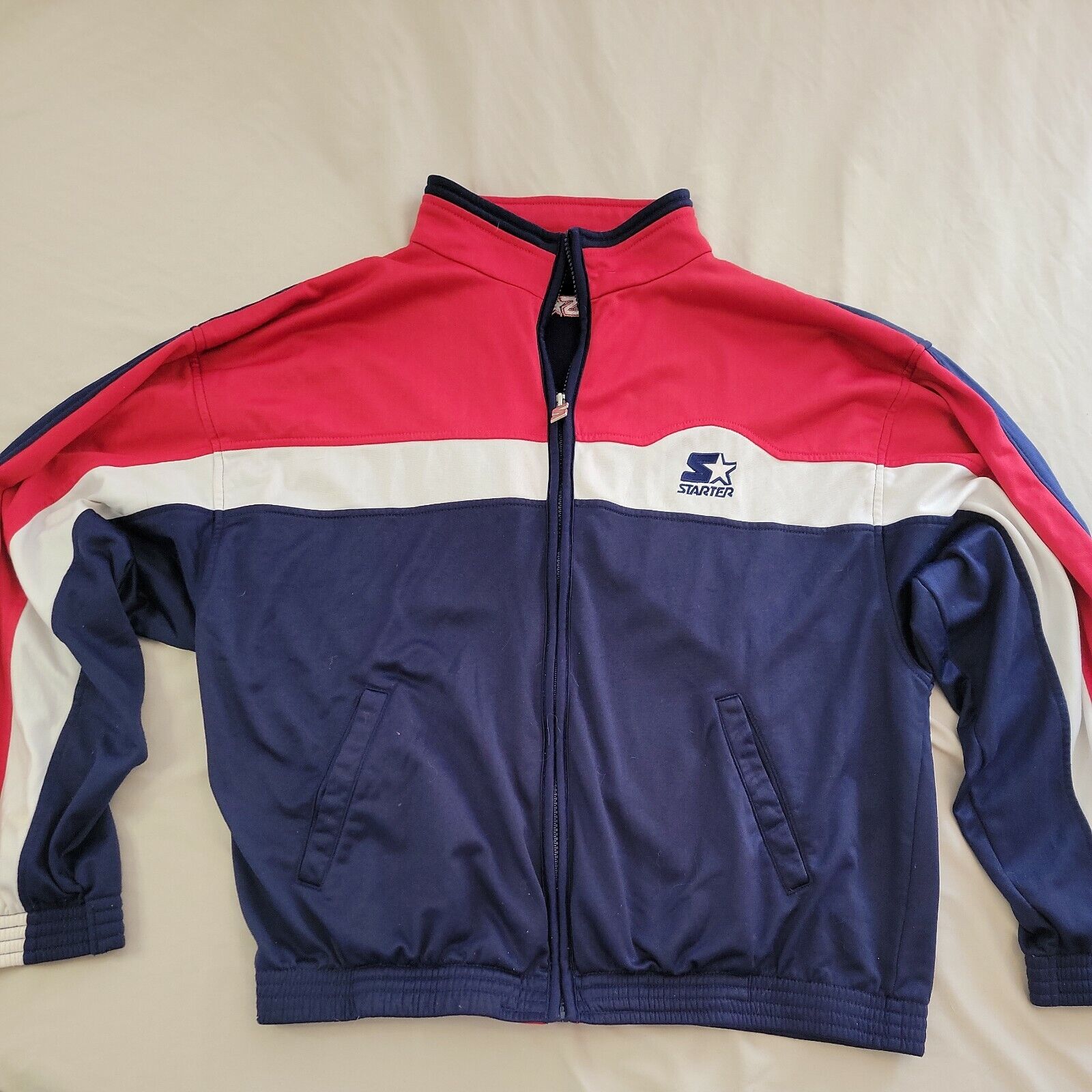 VTG Starter USA Zipper Jacket Red White Blue Embroidered Size Medium Short  🔥