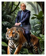 PRESIDENT DONALD TRUMP RIDING A TIGER IN THE JUNGLE 8X10 AI PHOTO