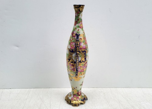Nippon Porcelain Vase Floral Pattern Cobalt Handles Gold Beading 17.5" Antique - Picture 10 of 12
