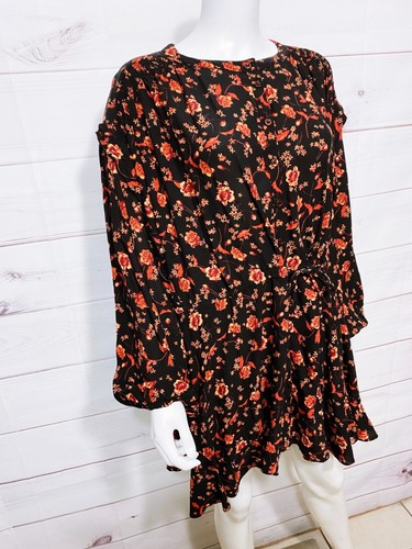 Free People Womens Mini Dress Size M Black & Orange Floral Button Front - Picture 2 of 10