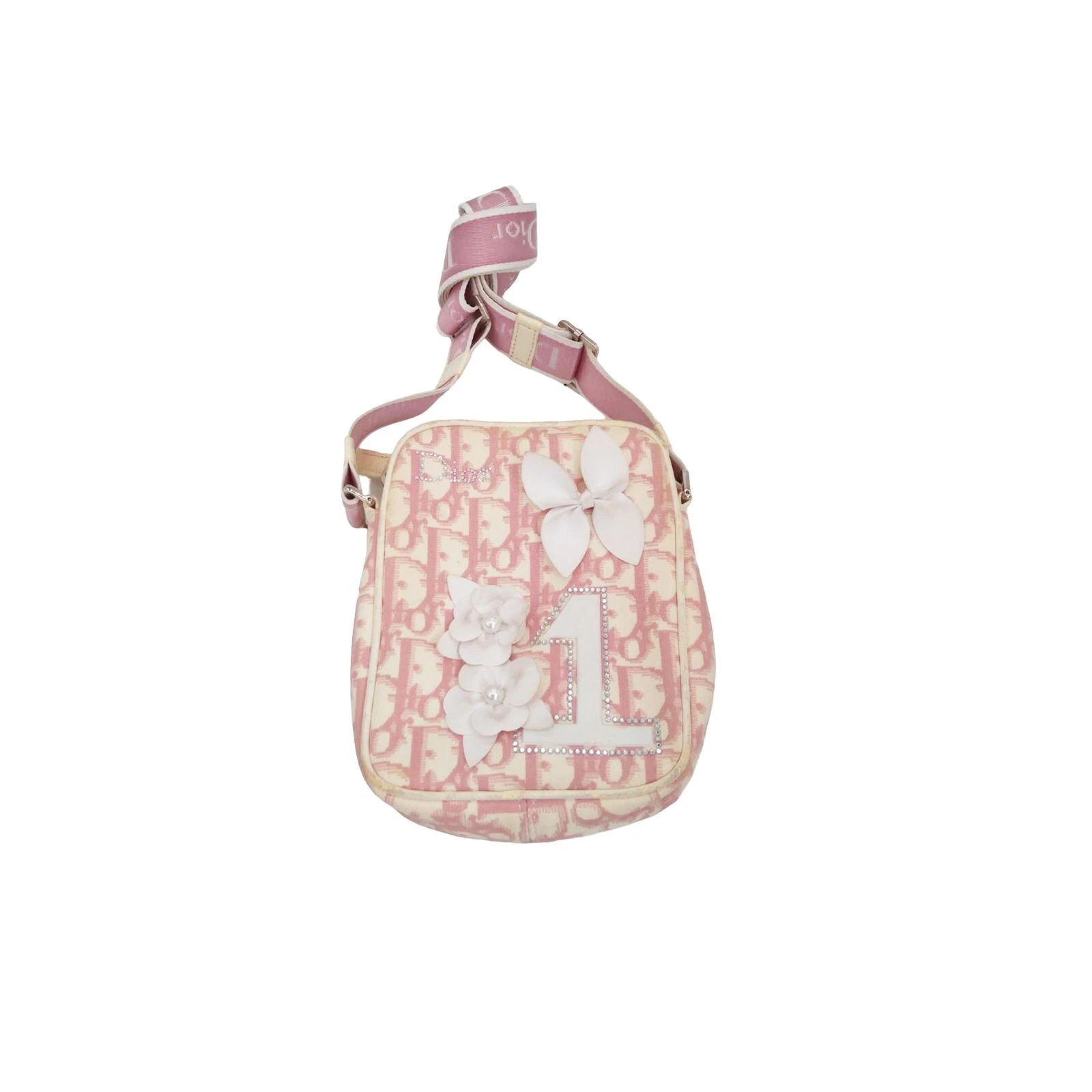 Mini sac à bandoulière Christian Dior rose monogramme strass motif fleurs