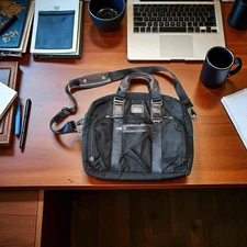 TUMI Alpha Bravo McNair Slim Briefcase Bag Black Ballistic Nylon Leather w Strap