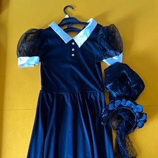 Girls Black Wednesday Addams Gothic Dress Costume, Headpiece, Size 13-14