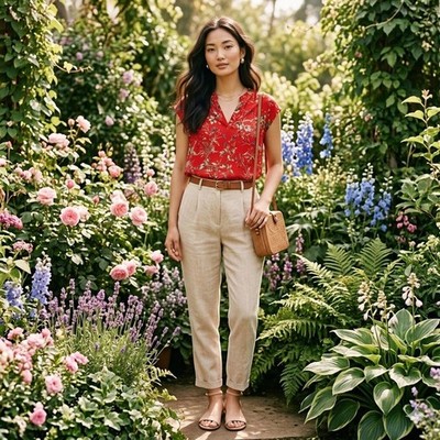 Rose Olive Blouse Womens L Red Floral Short Sleeve Pleated Pullover Top