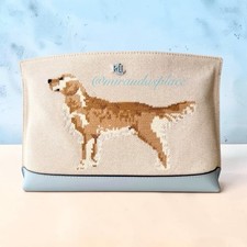 NWT Ralph Lauren Embroidered Golden Retriever Canvas Natural/Blue Zip Pouch