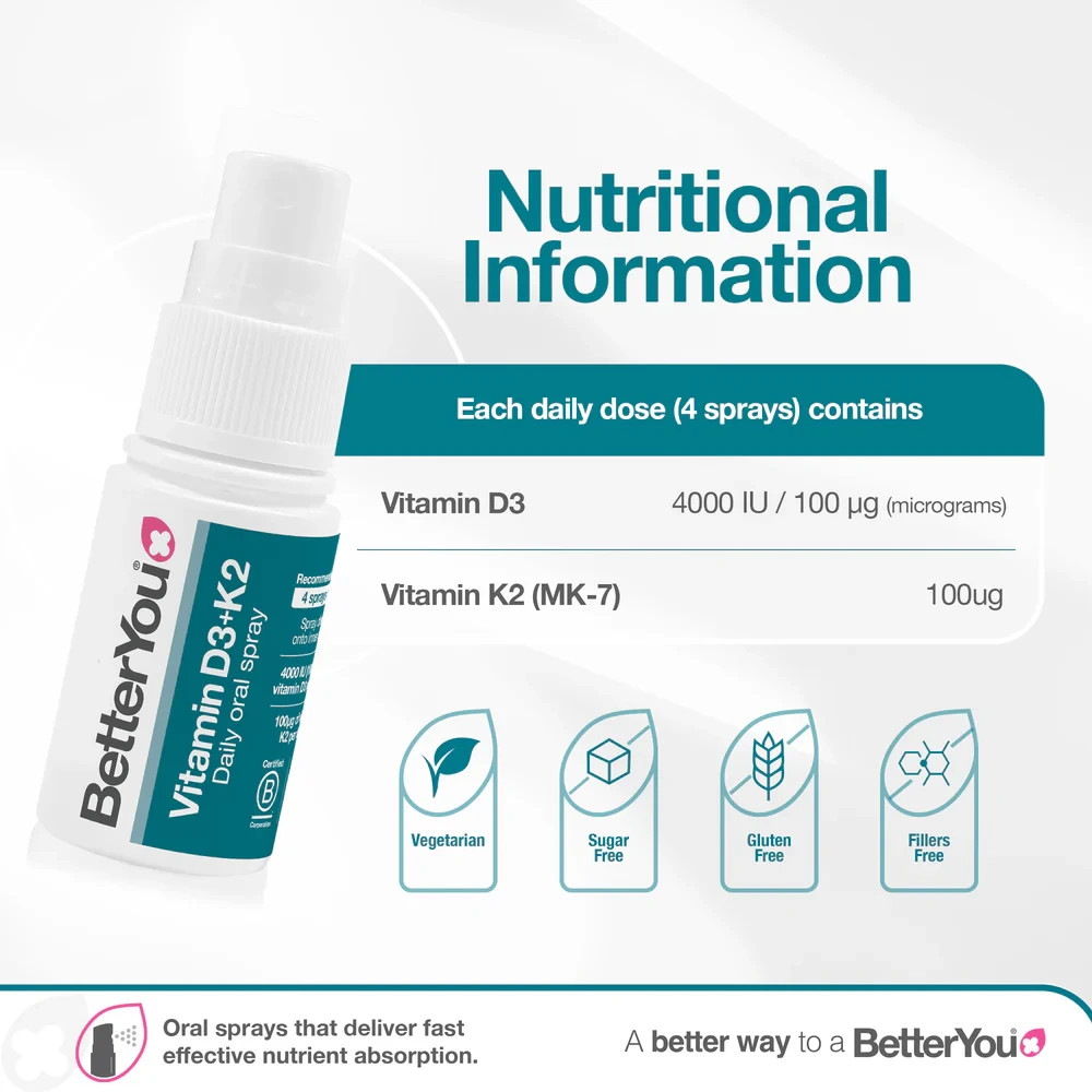 BetterYou Vitamin D3 K2 Oral Spray, Fast Acting Vitamin D 4000 IU + Vitamin K2