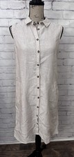 Halston 100% Linen Shift Shirt Dress Sleeveless Pockets Button Size Small Beige