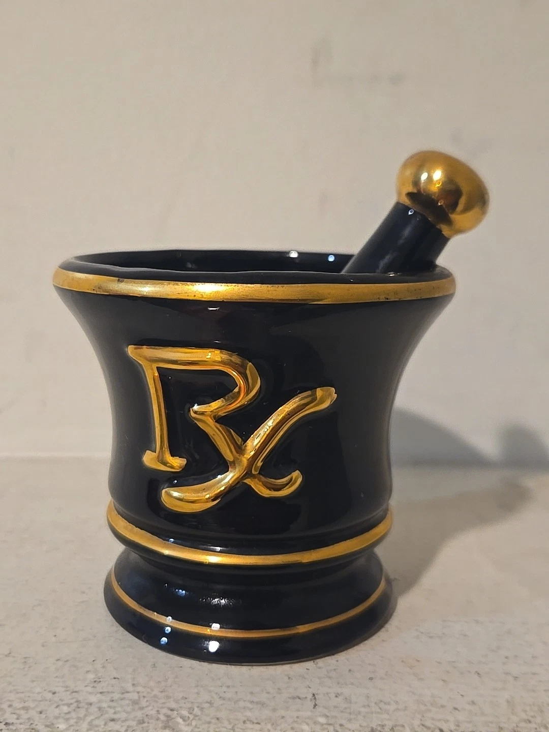 Vintage RX Pharmacy Black Ceramic Mortar And Pestle Black Jar By Blair Small