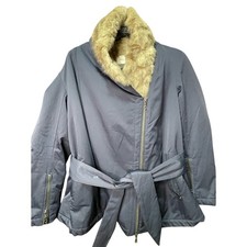 Halston Faux Fur Trim Shawl Collar Coat Navy Blue Women's Size M‎