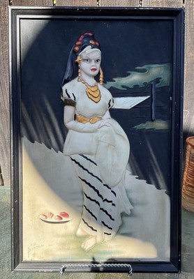 C.E. Pearson Embossed Copper Relief Framed Wall Art Woman Handmade Painted
