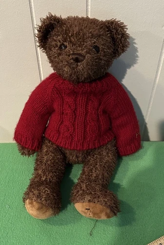 FAO SCHWARZ Chocolate Brown Teddy Bear Wearing Red Knit Sweater Plush Toy