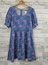 Loft Linen Blend Puff Sleeeve Blue floral Mini Dress Womens 6